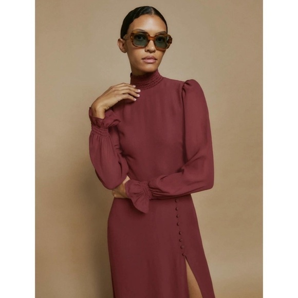 NWT! Reformation Stevie Long Sleeve High Neck Midi Dress In Plum Burgundy Size 4 - Picture 3 of 12